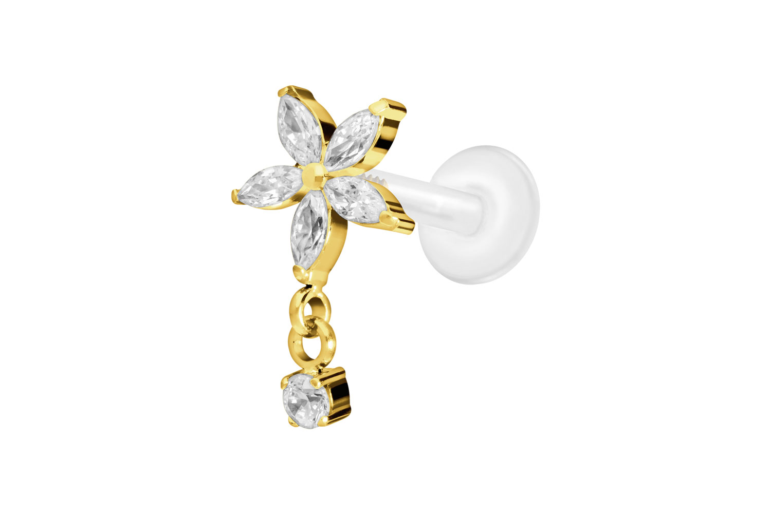 PTFE Labret Piercing mit Innengewinde + Titan-Aufsatz KRISTALLBLUME + KRISTALL